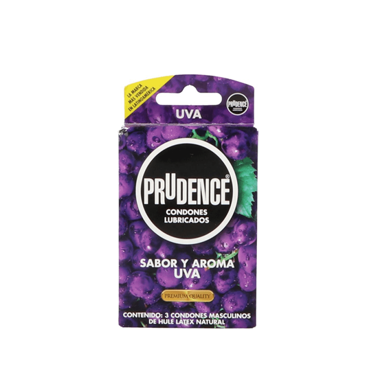 Imagen de Condones masculinos de látex lubricados sabor y aroma uva Prudence 3 pzas