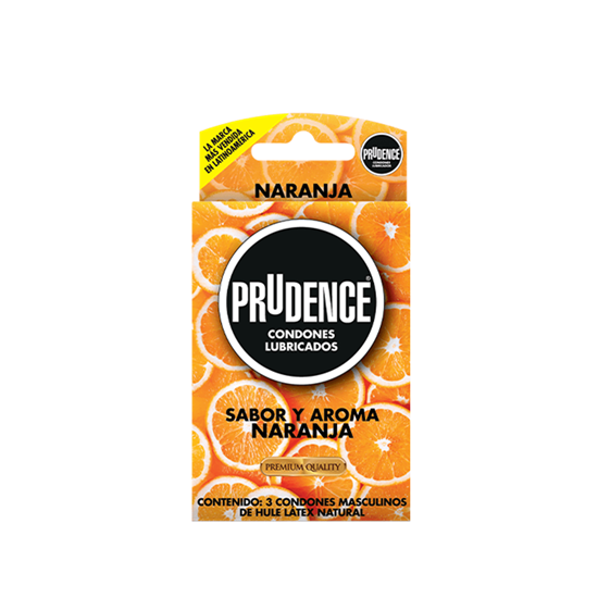 Imagen de Condones masculinos de látex lubricados sabor y aroma naranja Prudence 3 pzas