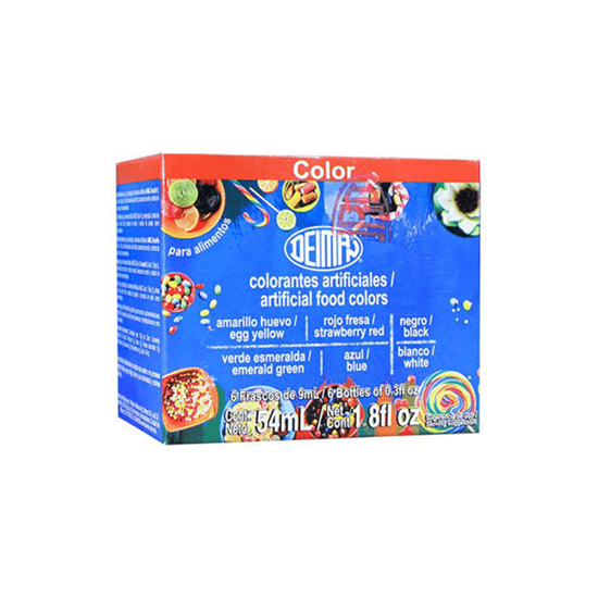 Imagen de Colorantes artificiales para alimentos (amarillo, rojo, negro, verde, azul y blanco) Deiman caja con 6 frascos de 9ml c/u