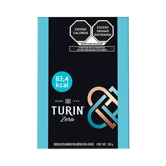 Imagen de Chocolate amargo sin azúcar 55% cacao Turín Zero 18 pzas de 18g c/u (324g)