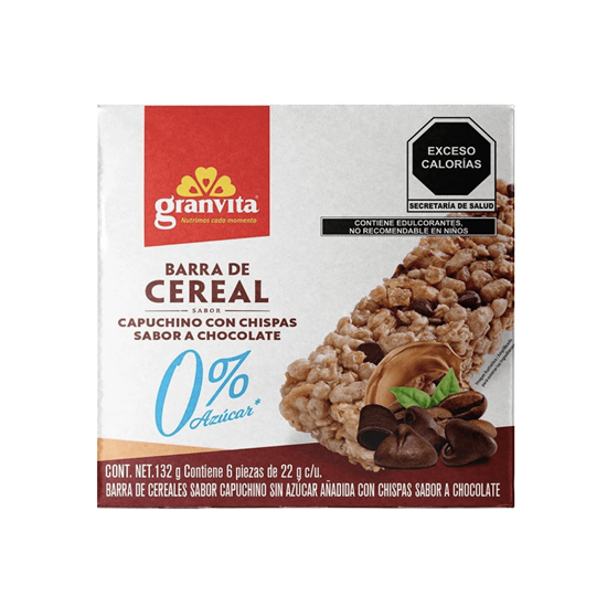 Imagen de Barra de cereal sabor capuchino con chispas de chocolate sin azúcar Granvita 6 pzas de 22g c/u