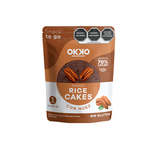 Imagen de Galleta de arroz y quinoa cubierta de chocolate 70% cacao y nuez pecana sin gluten Okko Súper Foods Rice Cakes 28g