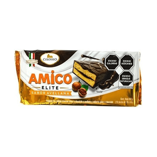 Imagen de Pastelito auténtico italiano con relleno cremoso y cubierta sabor chocolate Colosseo Amico Elite sabor avellana 10 pzas de 39g c/u (390g)