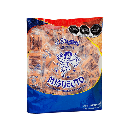 Imagen de Dulce en polvo enchilado y acidulado sabor chamoy Miguelito Original 100 sobres de 4g c/u (400g)