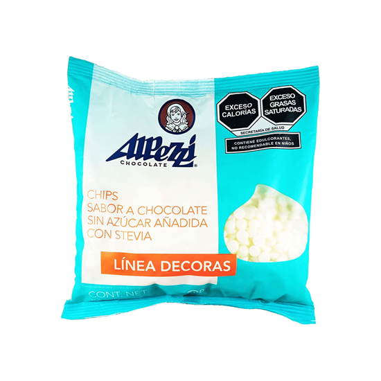 Imagen de Chips sabor chocolate sin azúcar añadida con stevia color blanco Alpezzi Decoras 500g