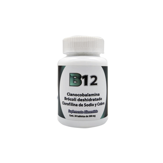 Imagen de Suplemento alimenticio B12 (cianocobalamina, brócoli deshidratado, clorofilina de sodio y cobre) 30 tabletas de 500mg c/u