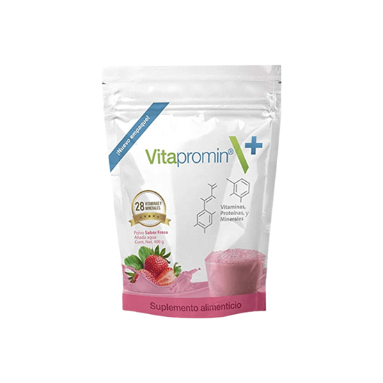 Imagen de Suplemento alimenticio en polvo sabor fresa 28 vitaminas, proteínas y minerales Vitapromin 400g