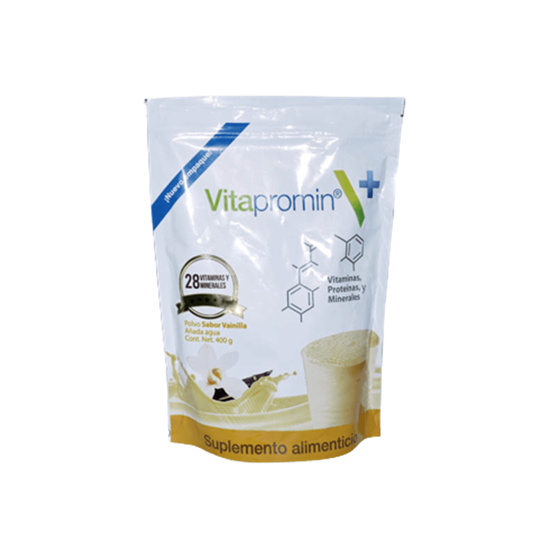 Imagen de Suplemento alimenticio en polvo sabor vainilla 28 vitaminas, proteínas y minerales Vitapromin 400g