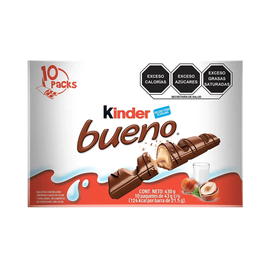 Imagen de Galletas con relleno cremoso de avellanas recubiertas de chocolate Kinder Bueno 10 paquetes de 43g c/u (430g)