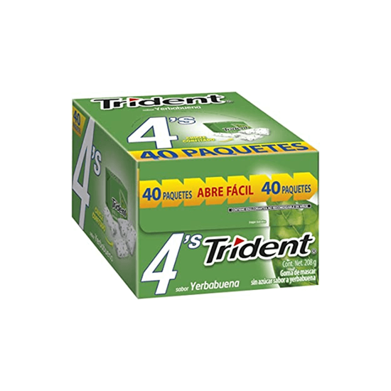 Imagen de Goma de mascar sabor yerbabuena Trident 4's 40 pzas de 5.2g c/u (208g)