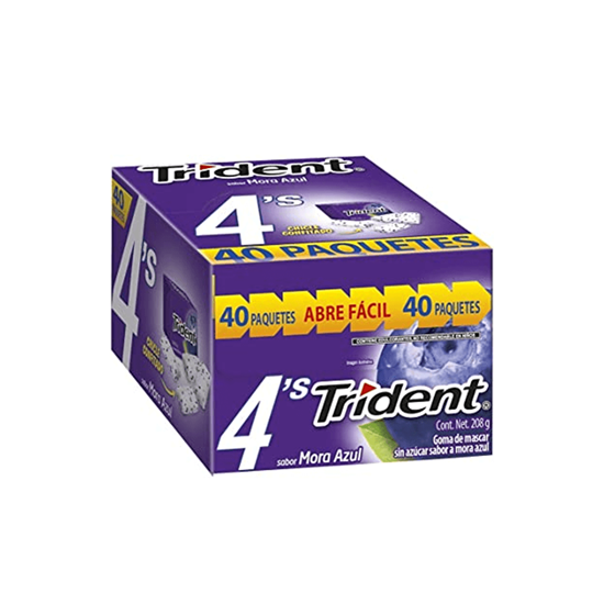 Imagen de Goma de mascar sabor mora azul Trident 4's 40 pzas de 5.2g c/u (208g)