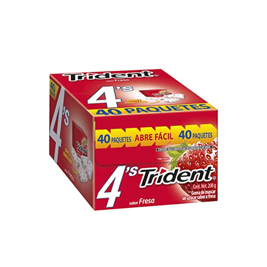 Imagen de Goma de mascar sabor fresa Trident 4's 40 pzas de 5.2g c/u (208g)