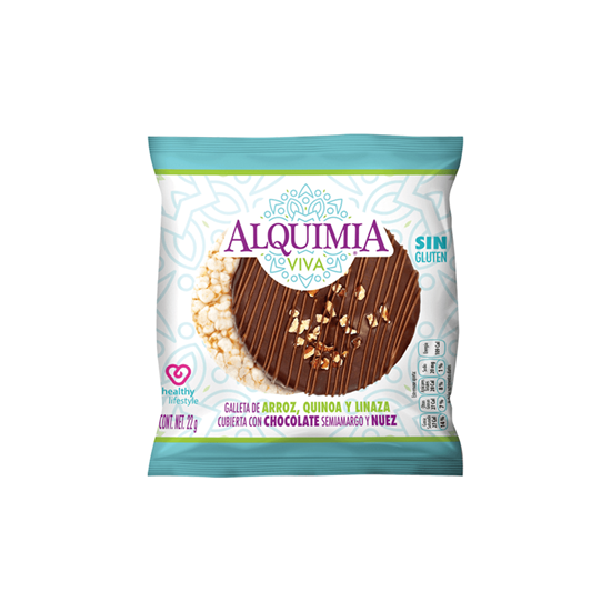 Imagen de Galleta de arroz quinoa y linaza cubierta con chocolate semiamargo y nuez Alquimia Viva Rice Cake 22g