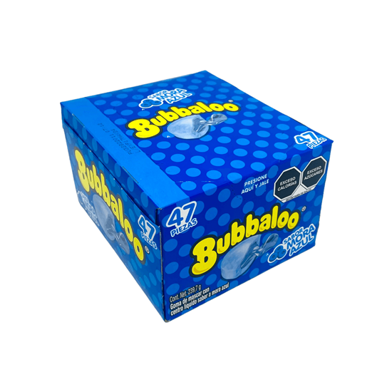 Imagen de Goma de mascar con centro líquido sabor mora azul Bubbaloo caja con 47 pzas