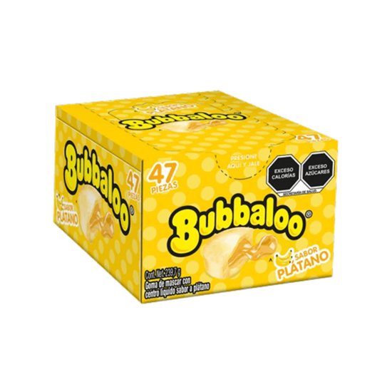 Imagen de Goma de mascar con centro líquido sabor plátano Bubbaloo caja con 47 pzas