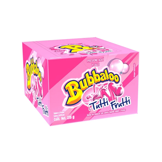 Imagen de Goma de mascar con centro líquido sabor tutti frutti Bubbaloo caja con 47 pzas