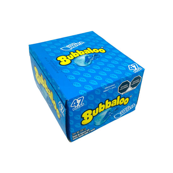 Imagen de Goma de mascar con centro líquido sabor menta Bubbaloo caja con 47 pzas
