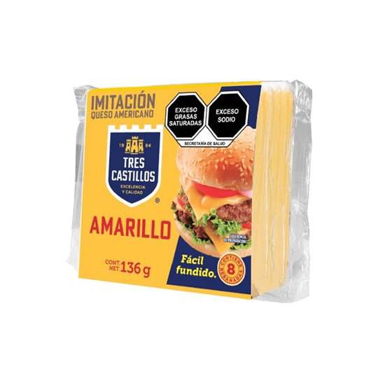 Imagen de Queso amarillo imitación americano Tres Castillos 8 rebanadas (136g)