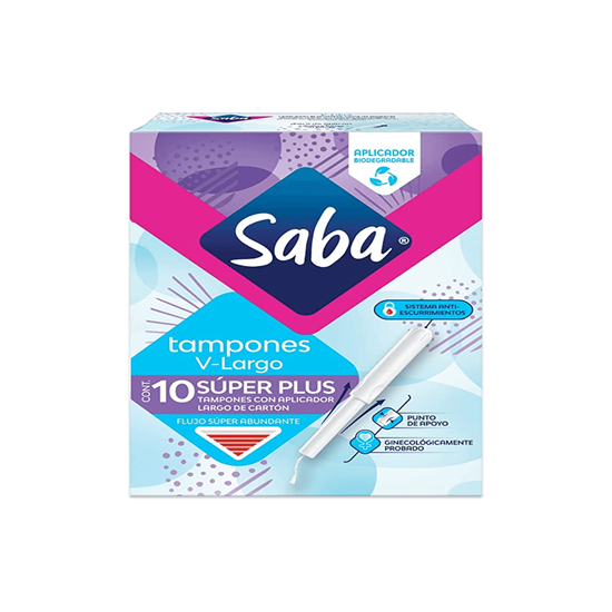 Imagen de Tampones con aplicador largo de cartón Saba V-Largo Súper Plus flujo súper abundante 10 pzas