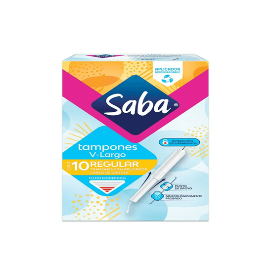 Imagen de Tampones con aplicador largo de cartón Saba V-Largo Regular flujo moderado 10 pzas