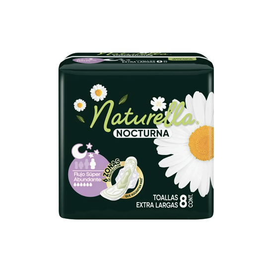 Imagen de Toallas femeninas extra largas con alas Naturella Nocturna flujo súper abundante 8 pzas