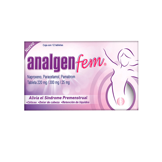 Imagen de Analgen Fem para síndrome premenstrual (naproxeno, paracetamol y pamabrom) 12 tabletas
