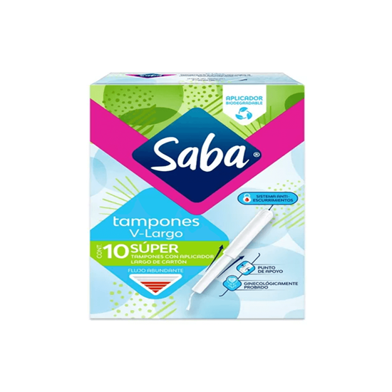 Imagen de Tampones con aplicador largo de cartón Saba V-Largo Súper flujo abundante 10 pzas