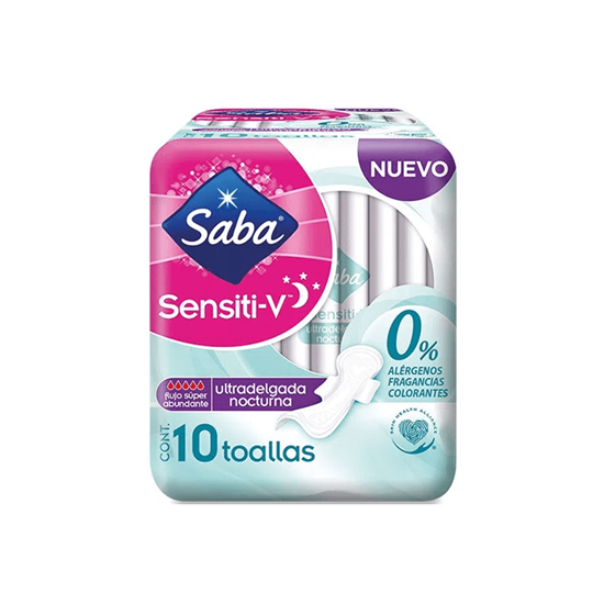 Imagen de Toallas femeninas con alas para piel sensible Saba Sensiti-V Ultradelgada Nocturna flujo súper abundante 10 pzas