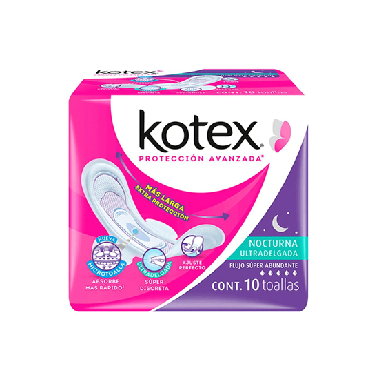 Imagen de Toallas femeninas largas con alas Kotex Nocturna Ultradelgada flujo súper abundante 10 pzas