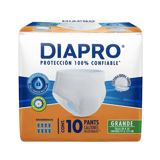 Imagen de Calzones/pants desechables para adulto aroma a manzanilla Diapro grande (talla 38 a 50) 10 pzas