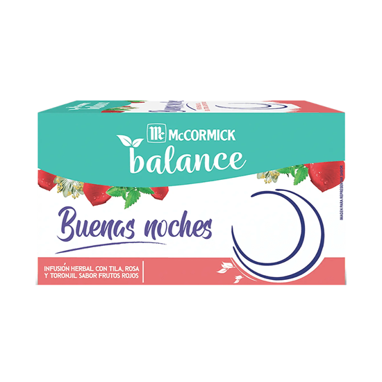 Imagen de Infusión herbal con tila, rosa y toronjil sabor frutos rojos McCormick Balance Buenas Noches 20 sobres de 1.5g c/u (30g)