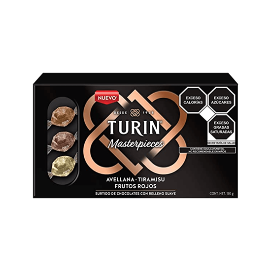 Imagen de Surtido de chocolates con relleno suave avellana, tiramisú y frutos rojos Turín Masterpieces caja 150g