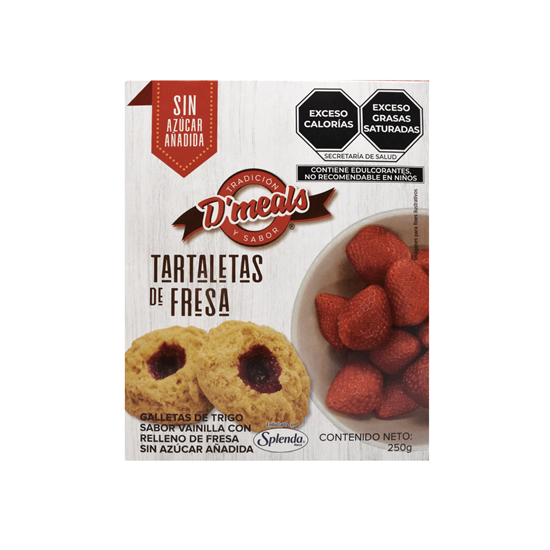 Imagen de Galletas de trigo sabor vainilla con relleno de fresa sin azúcar añadida D'meals Tartaletas 250g