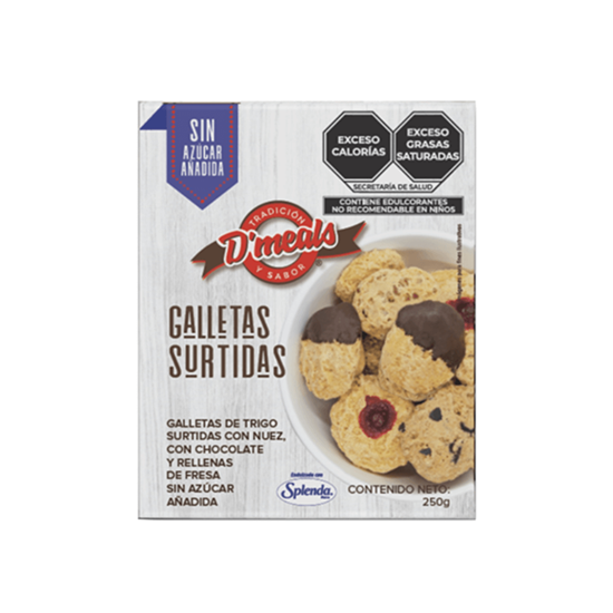 Imagen de Galletas de trigo surtidas con nuez, chocolate y rellenas de fresa sin azúcar añadida D'meals Galletas Surtidas 250g