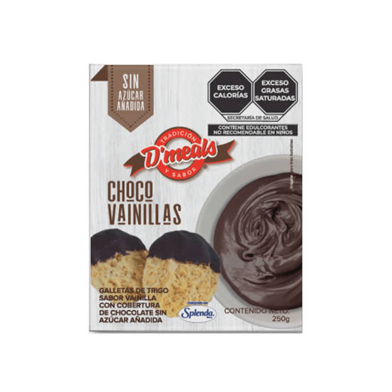 Imagen de Galletas de trigo sabor vainilla con cobertura de chocolate sin azúcar añadida D'meals Choco Vainillas 250g