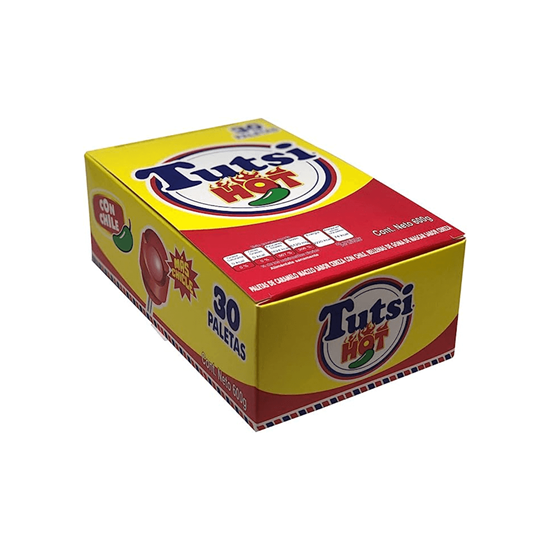 Imagen de Paleta de caramelo macizo sabor cereza con chile rellena de goma de mascar Tutsi Hot 30 pzas (600g)
