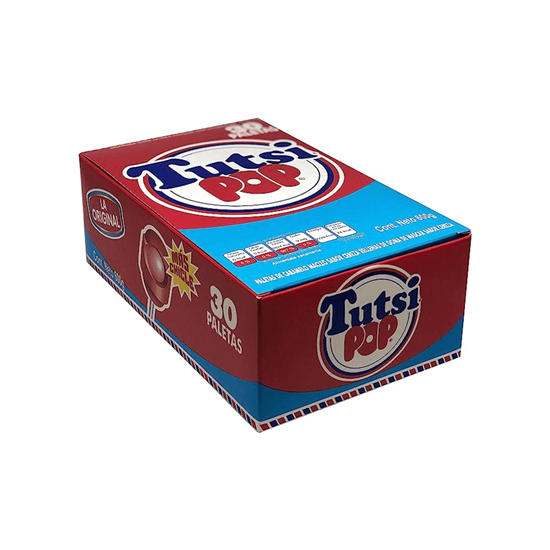 Imagen de Paleta de caramelo macizo sabor cereza rellena de goma de mascar Tutsi Pop 30 pzas 600g