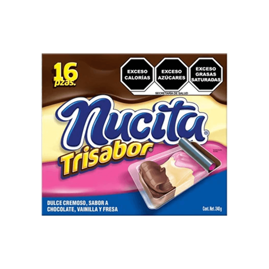 Imagen de Dulce cremoso sabor chocolate, vainilla y fresa Nucita Trisabor 16 pzas de 15g c/u (240g)