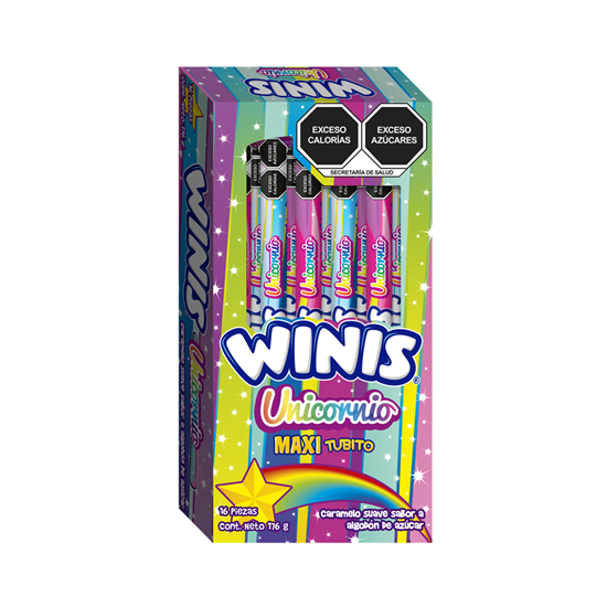Imagen de Caramelo suave sabor algodón de azúcar Winis Unicornio Maxi Tubito 16 pzas de 11g c/u (176g)