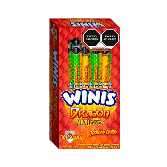Imagen de Caramelo suave relleno con gomita enchilada sabor tamarindo Winis Dragón Maxi Tubito 16 pzas de 11g c/u (176g)