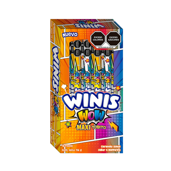 Imagen de Caramelo suave sabor mandarina Winis Wow Maxi Tubito 16 pzas de 11g c/u (176g)