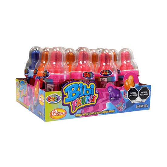 Imagen de Caramelo macizo con polvo acidito sabores frutales Dulces Pillo Bibi Frutix 12 pzas de 19g c/u (228g)