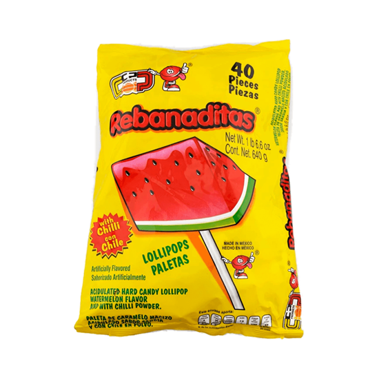 Imagen de Paleta de caramelo macizo sabor sandía y chile en polvo CP Products Rebanaditas bolsa con 40 pzas (640g)