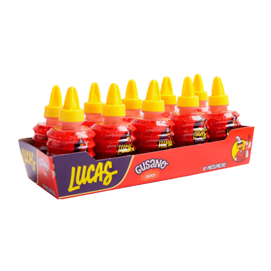 Imagen de Dulce enchilado líquido sabor chamoy Lucas Gusano 10 pzas de 36g c/u (360g)