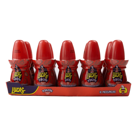 Imagen de Paleta de caramelo sabor sandía con salsa sabor chamoy Lucas Panzón 10 pzas de 38g c/u (380g)