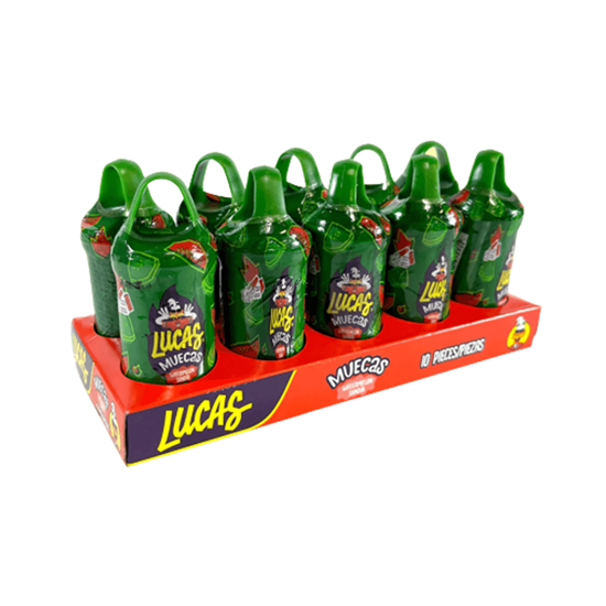 Imagen de Paleta de caramelo sabor sandía con chile en polvo Lucas Muecas 10 pzas de 24g c/u (240g)