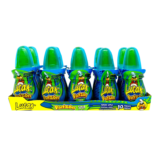 Imagen de Paleta de caramelo acidulada sabor manzana verde con salsa acidita Lucas Panzón 10 pzas de 38g c/u (380g)
