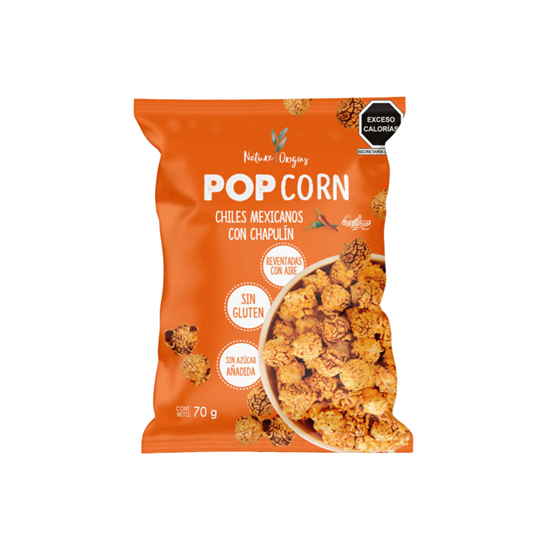 Imagen de Palomitas de maíz sin gluten y sin azúcar sabor chile mexicano con chapulín Nature Origins Pop Corn 70g