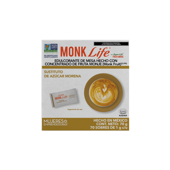 Imagen de Endulcorante sustituto de azúcar morena con fruta de monje (monk fruit) Monk Life Super Life 70 sobres de 1g c/u (70g)