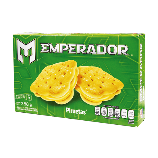 Imagen de Galletas tipo sándwich con relleno sabor limón Emperador Piruetas 5 paketines 288g